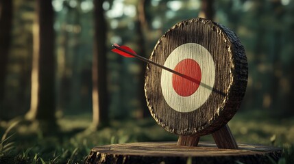 Bullseye with an arrow on the center. in the forest