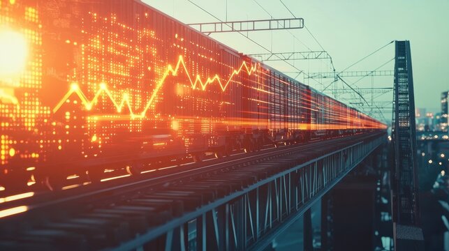A vibrant depiction of a moving train overlayed with dynamic data graphics, symbolizing speed and innovation in transport technology.
