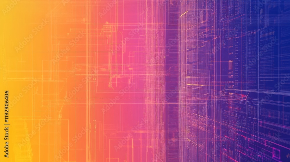 Poster a orange purple color geometric shape background blueprint of servers and website analytics