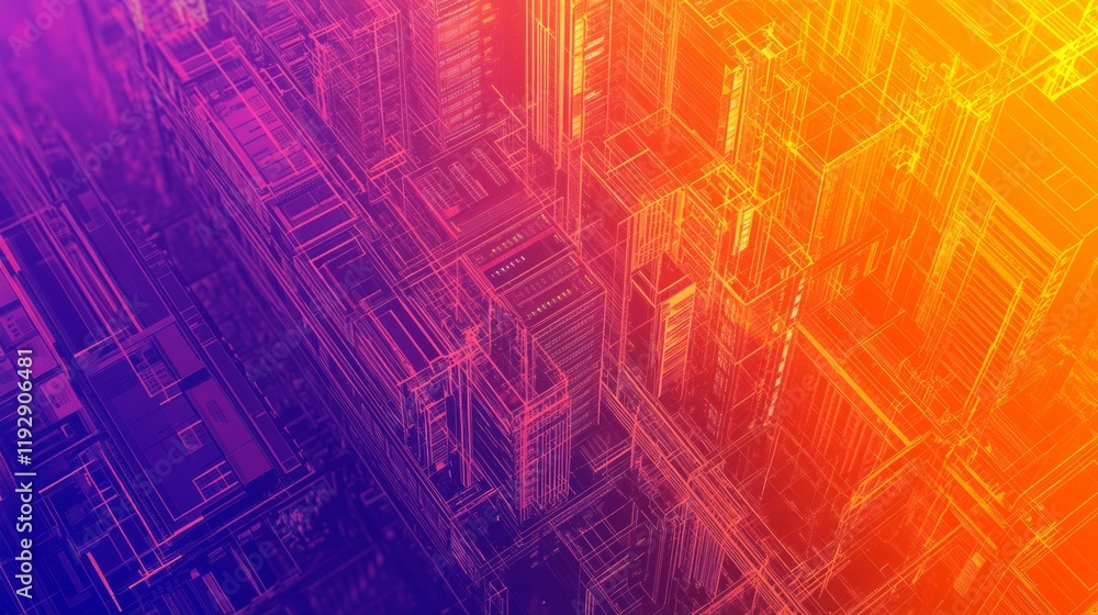 Poster a orange purple color geometric shape background blueprint of servers and website analytics