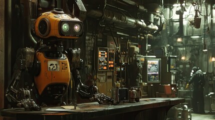 Obraz premium Futuristic Robot in Industrial Setting with Advanced Technology, Pipes, and Neon Lights Creating a Unique Cyberpunk Atmosphere for Science Fiction Imagery