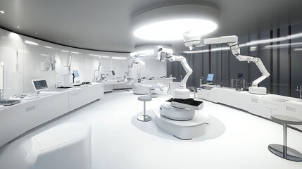 High-tech factory scene with industrial robotic arms precisely assembling battery components on a clean and organized assembly line