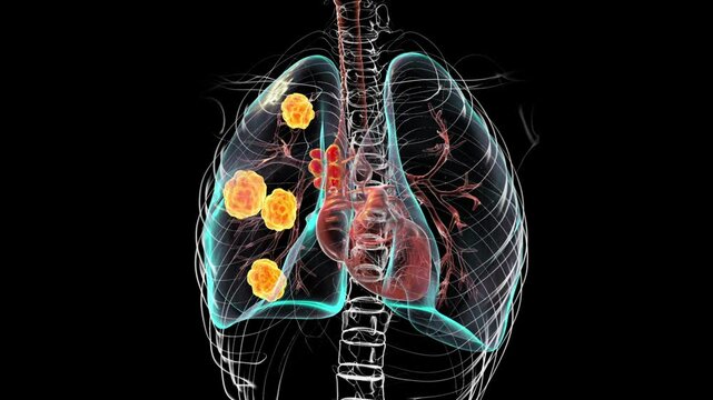 Human lungs affected by blastomycosis, 3D animation showing fungal infection caused by Blastomyces dermatitidis, highlighting lung nodules and granulomas with characteristic morphology.