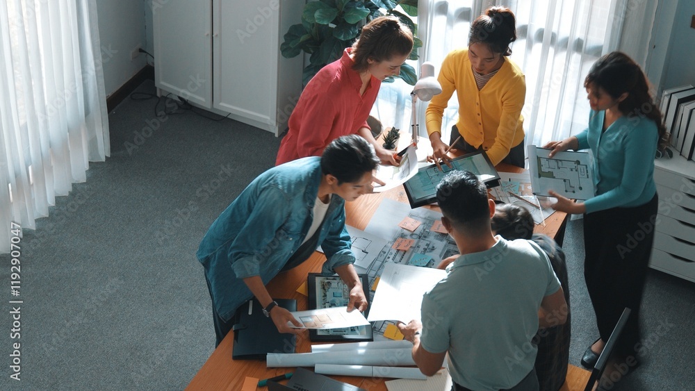 Poster top view of civil engineer writing and planning by using sticky notes to brainstorm idea. top down a