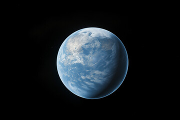 A digital rendering of an Earthlike planet, showing a mostly blue surface with white clouds and dark landmasses, set against a black space background with few visible stars.