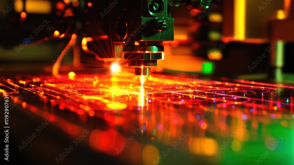 Poster laser engraving machine precisely etching intricate patterns onto a glass surface, illuminated by vi