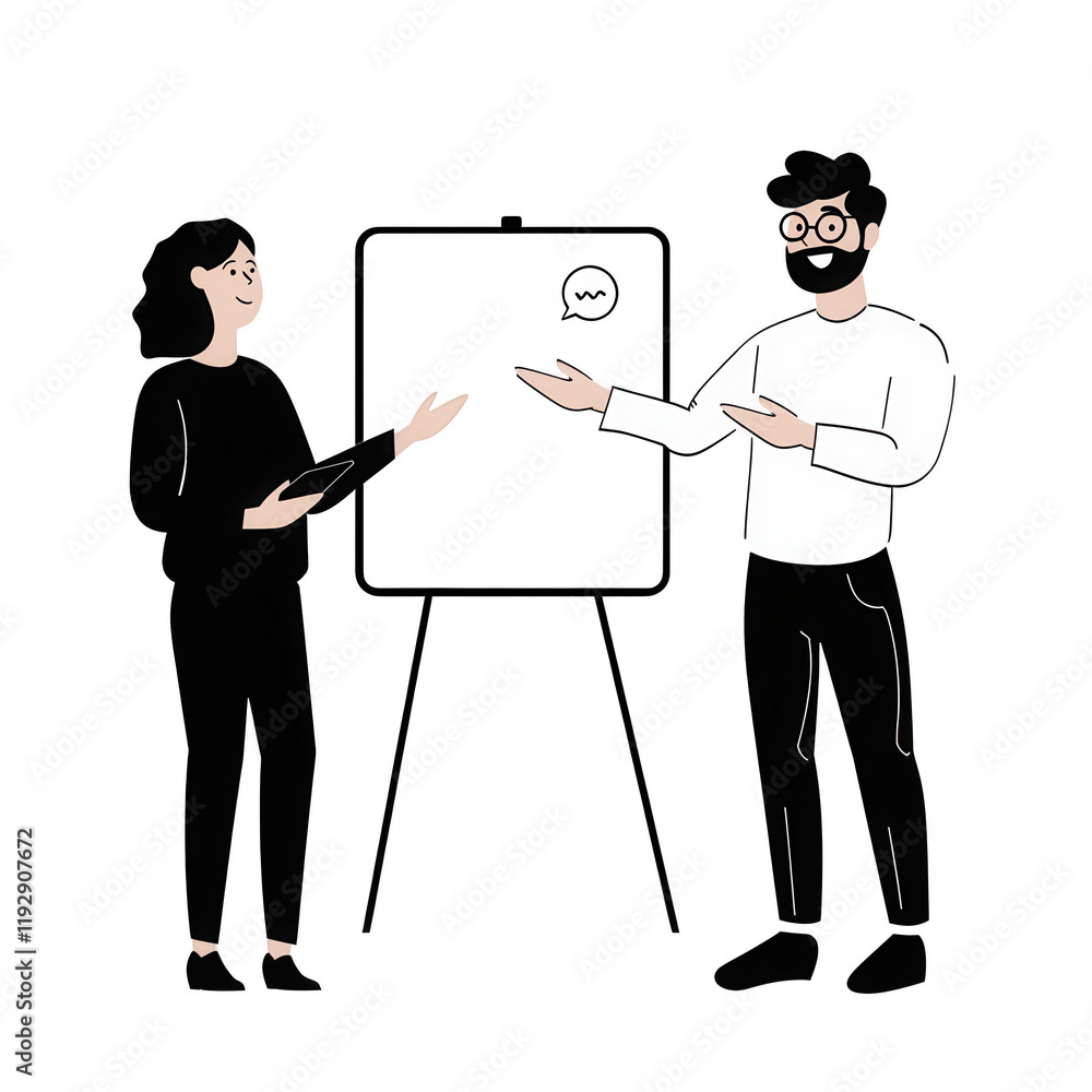Poster two professionals discussing ideas in an engaging presentation setting., isolated on a transparent b