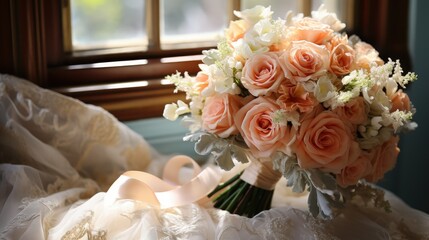 Close-Up Promotional Shot of a Beautiful Bouquet Featuring Peach Roses and White Floral Accents on Soft Fabric Background
