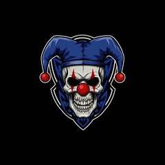 A stylized skull wearing a jester's hat with red clown makeup is depicted in this illustration.
