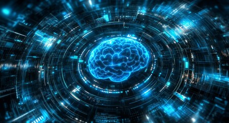 Obraz premium A digital brain with glowing blue lights and holographic effects