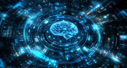A digital brain with glowing blue lights and holographic effects