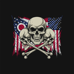 A graphic design featuring three skulls with crossed bones set against a tattered American and Ohio flag.