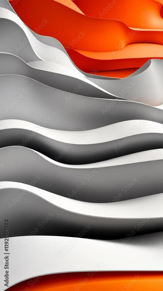 Poster abstract waves of gray, white, and orange create a dynamic composition in a modern art space