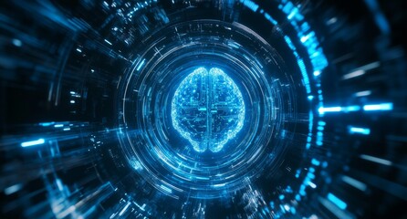A digital brain with glowing blue lights and holographic effects