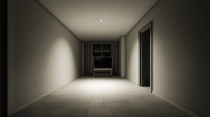 Dimly lit hallway with door and TV at the end.