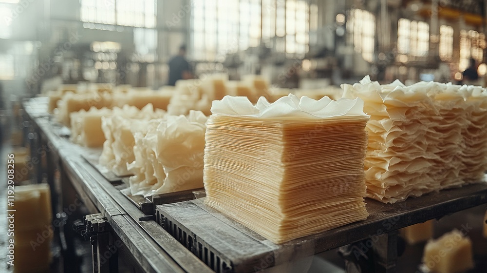 Poster industrial setting showcasing organized stacks of translucent sheets and materials, highlighting man