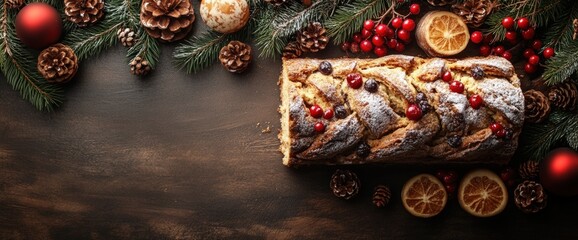 Naklejka premium Christmas Stollen bread on wooden table with festive decorations.