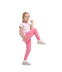 Little girl exercising on white background. Sport activity