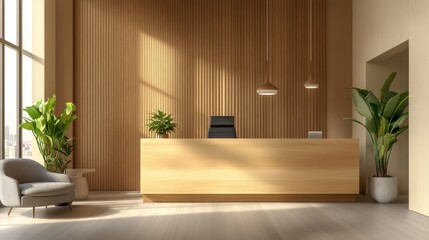 Modern Reception Area with Bright Natural Light and Minimalist Design Featuring Wooden Accents, Green Plants, and Comfortable Seating for a Welcoming Atmosphere
