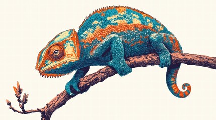 Naklejka premium Colorful chameleon perched on a branch in a serene environment during daylight hours. Generative AI