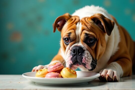 Shaggy British Bulldog sniffing at a plate of sweet treats with a tinge of sadness in his eyes, longing, british breed, sad