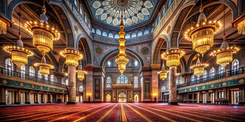 Fototapeta premium Ornate interior of a place of worship with magnificent chandeliers and detailed architecture