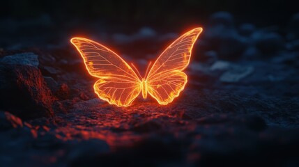 Glowing Neon Butterfly on Dark Rocky Surface with Dim Background Render