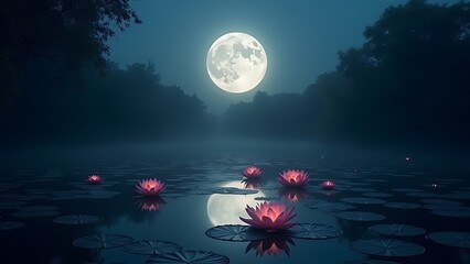 "A serene Sharad Purnima night with a full moon reflecting on a pond surrounded by lotus flowers and soft moonlight."