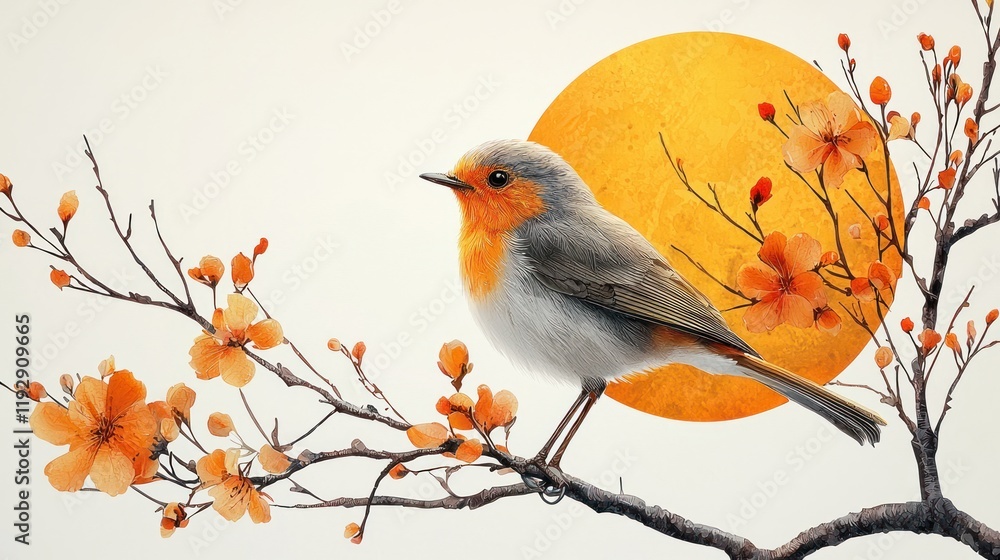 Wall mural Robin bird with golden moon.