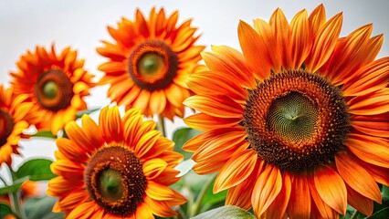 Obraz premium Bright orange sunflowers burst against a crisp white backdrop; vibrant floral photography.