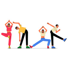 Group Of People Exercising Together In Flat Vector Illustration Symbolizing Fitness, Teamwork, And Active Lifestyle, Isolated On White Background.