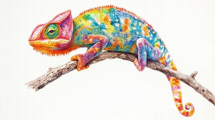 Naklejka premium Brightly colored chameleon perched on a branch in a vibrant and detailed illustration. Generative AI