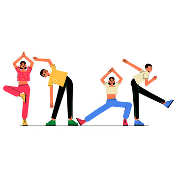 Group Of People Exercising Together In Flat Vector Illustration Symbolizing Fitness, Teamwork, And Active Lifestyle, Isolated On White Background.