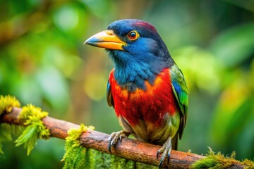 Fototapeta premium Captivating portraits of Psilopogon virens, the Sattal Great Barbet, showcase Uttarakhand's avian beauty.