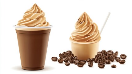 Delicious Creamy Coffee Soft Serve Ice Cream in Cup and Cone with Coffee Beans on White Background for Dessert and Beverage Delight