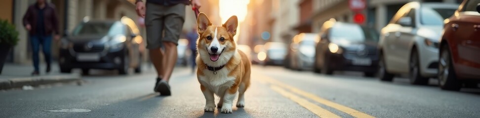 Adult Welsh corgi on leash strolling through city streets , town, dog
