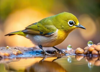 Fototapeta premium Charming Japanese White-eye bathes, slow-motion tilt-shift captures its pondside play.