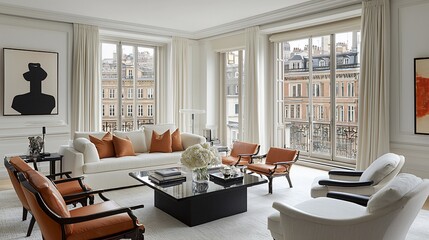 Elegant living room with city view, white walls, and orange accents.