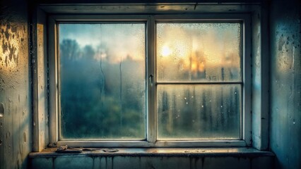 A misty sunrise viewed through a weathered window pane, condensation clinging to the glass, revealing a blurred outdoor scene