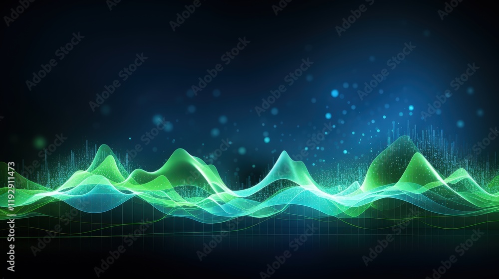 Poster stunning abstract waveforms in vivid green shades with glowing particles and dynamic energy flow rep