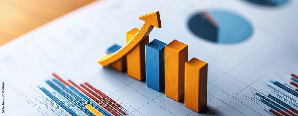 Poster a colorful bar graph with an upward arrow, illustrating growth and performance trends in a business 