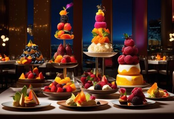 Naklejka premium stunningly vibrant gravity defying culinary delights displaying creative shapes colorful textures visual appeal, appetizer, baking, chef, cream, creation