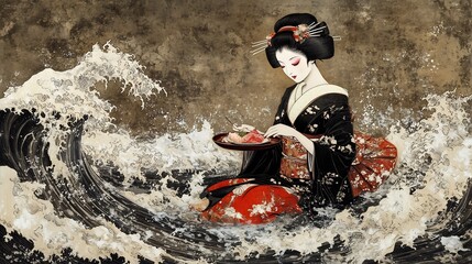 Geisha Serving Sushi Amidst a Crashing Wave: An Exquisite Japanese Art Print