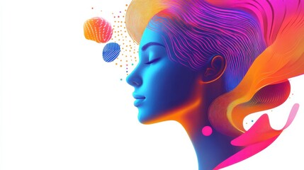 Abstract portrait of a serene woman with colorful flowing hair and vibrant shapes, representing creativity and artistic expression in modern digital art.