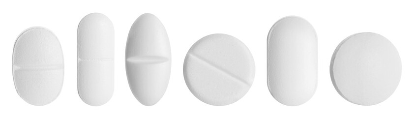 Different pills in row isolated on white, set
