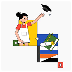 Female student throwing graduation cap in flat vector illustration symbolizing achievement, celebration, and success, isolated on white background.