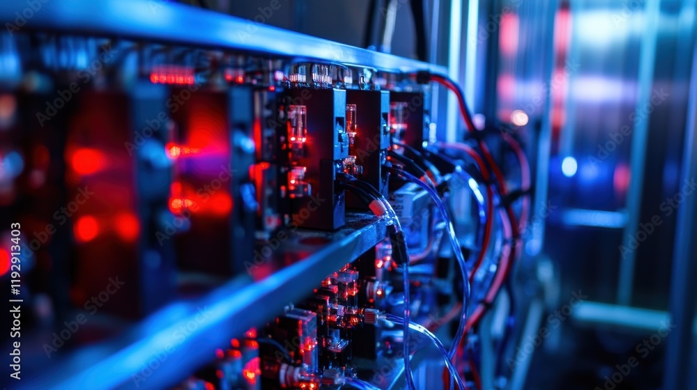 Poster glowing electronic components and cables with vibrant red lights illuminate a data center, highlight