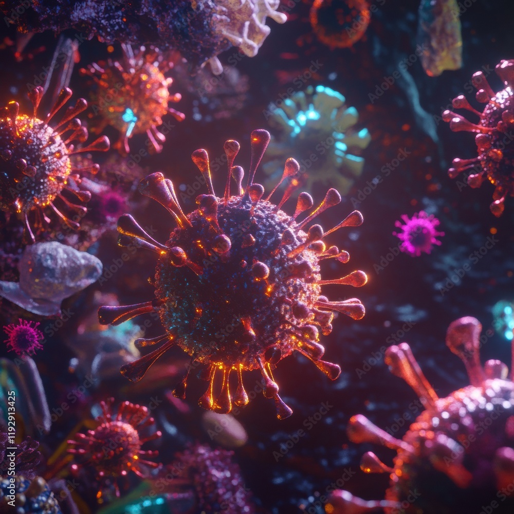 Aufkleber colorful magnification of viruses showcasing intricate details in a vibrant scientific representatio