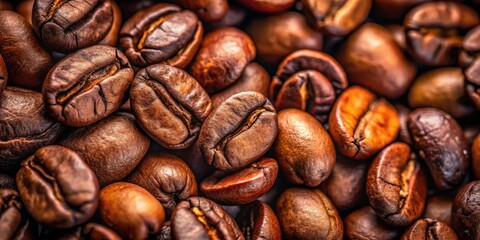 Dark brown roasted coffee beans, close-up.  Rich texture, minimalist still life.
