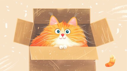 Adorable Fluffy Cat in Cardboard Box Indoors Closeup Cartoon Style